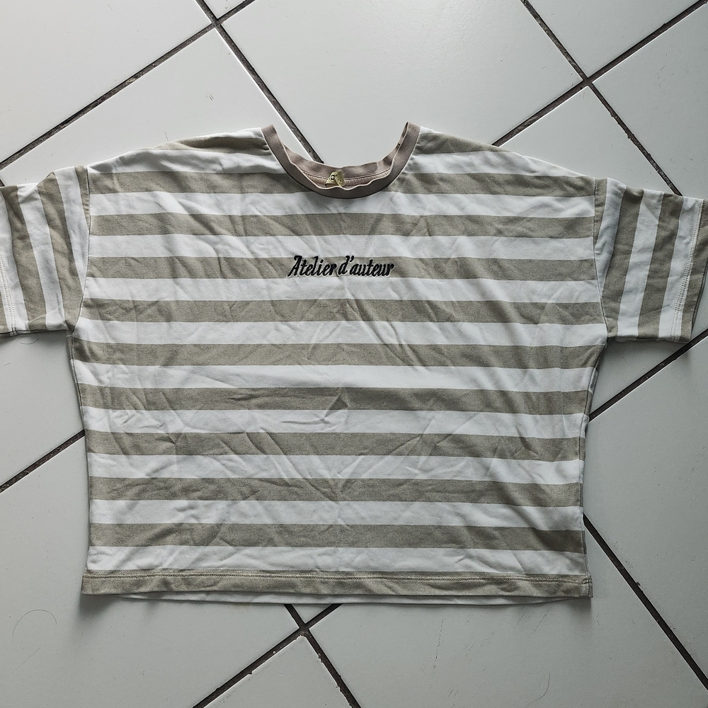 H&M Oversized Striped Short Sleeve Tee in White and Tan